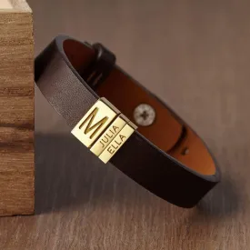 Fathers Day Gifts for Dad,Mens Bracelet Handmade Personalized Bracelet with 1-5 Engraved Name Beads,7.9-9.1 Inches Adjustable Genuine Leather Bracelet Gifts for Husband (Brown)