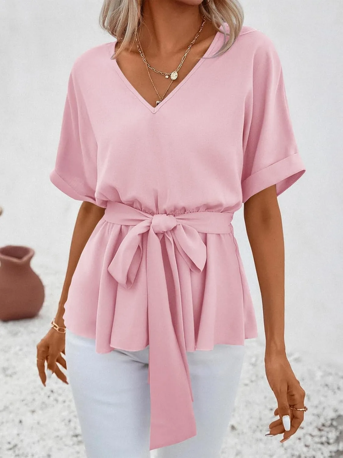 FSHAOES Womens V Neck Blouse Short Sleeve Belted Casual T-Shirts Basic Tee Tops