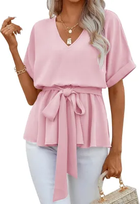 FSHAOES Womens V Neck Blouse Short Sleeve Belted Casual T-Shirts Basic Tee Tops