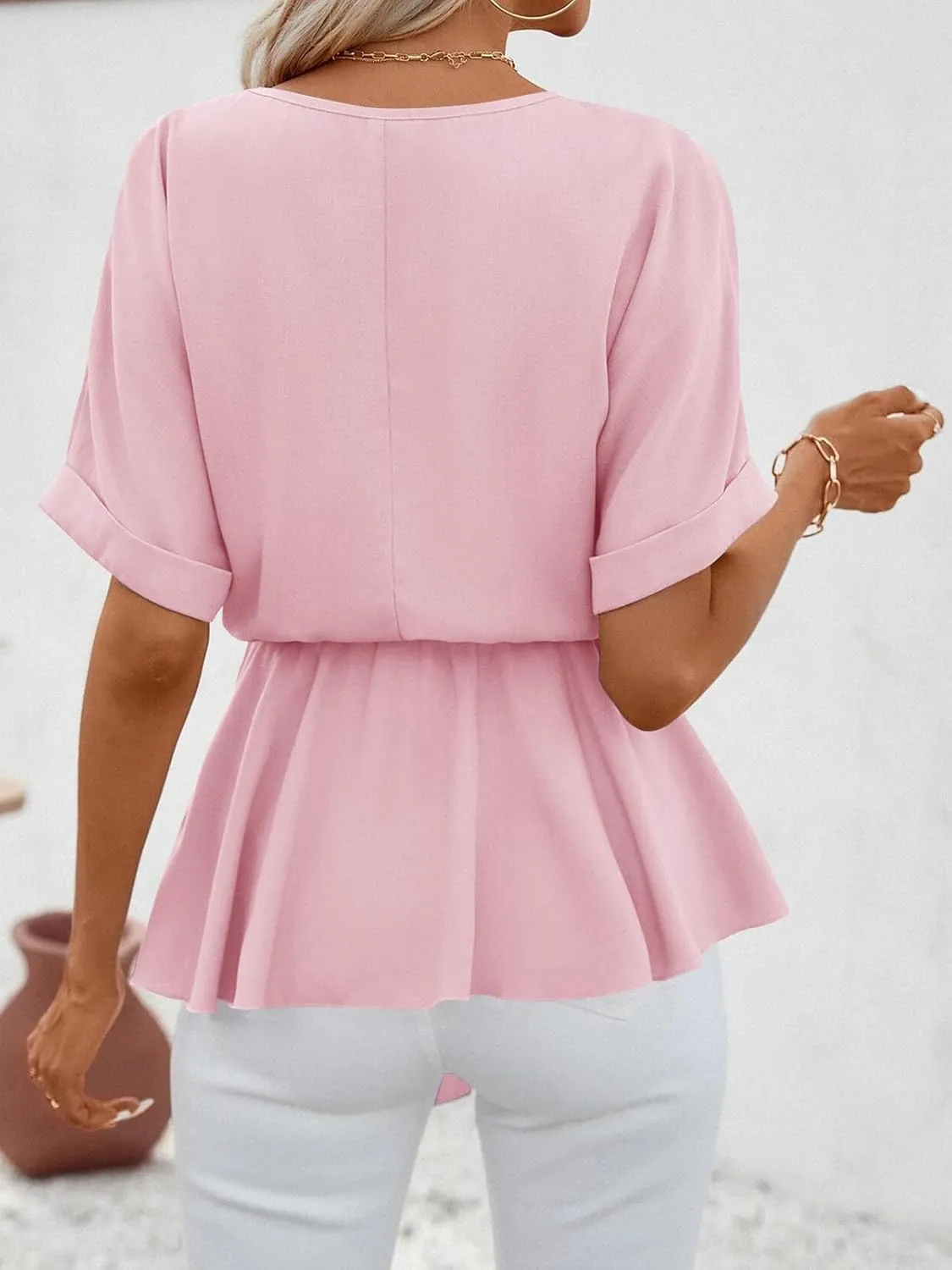 FSHAOES Womens V Neck Blouse Short Sleeve Belted Casual T-Shirts Basic Tee Tops