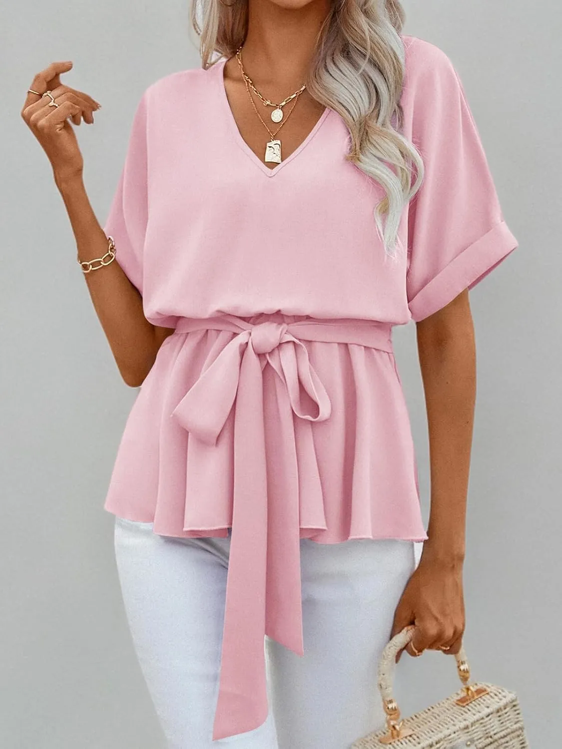 FSHAOES Womens V Neck Blouse Short Sleeve Belted Casual T-Shirts Basic Tee Tops