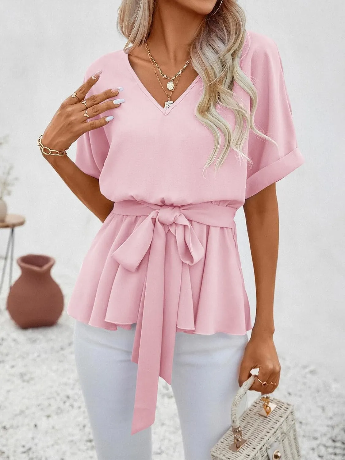 FSHAOES Womens V Neck Blouse Short Sleeve Belted Casual T-Shirts Basic Tee Tops