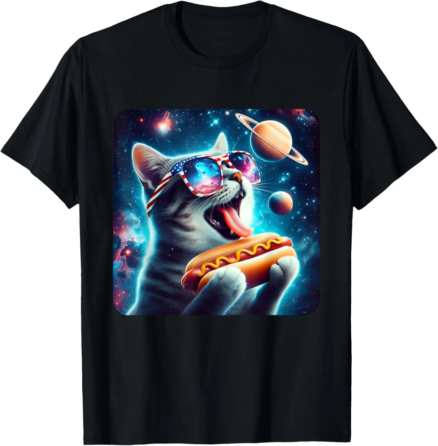 Funny Cat eating Hotdog in Space Galaxy Howling At Moon T-Shirt