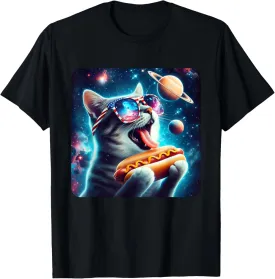 Funny Cat eating Hotdog in Space Galaxy Howling At Moon T-Shirt