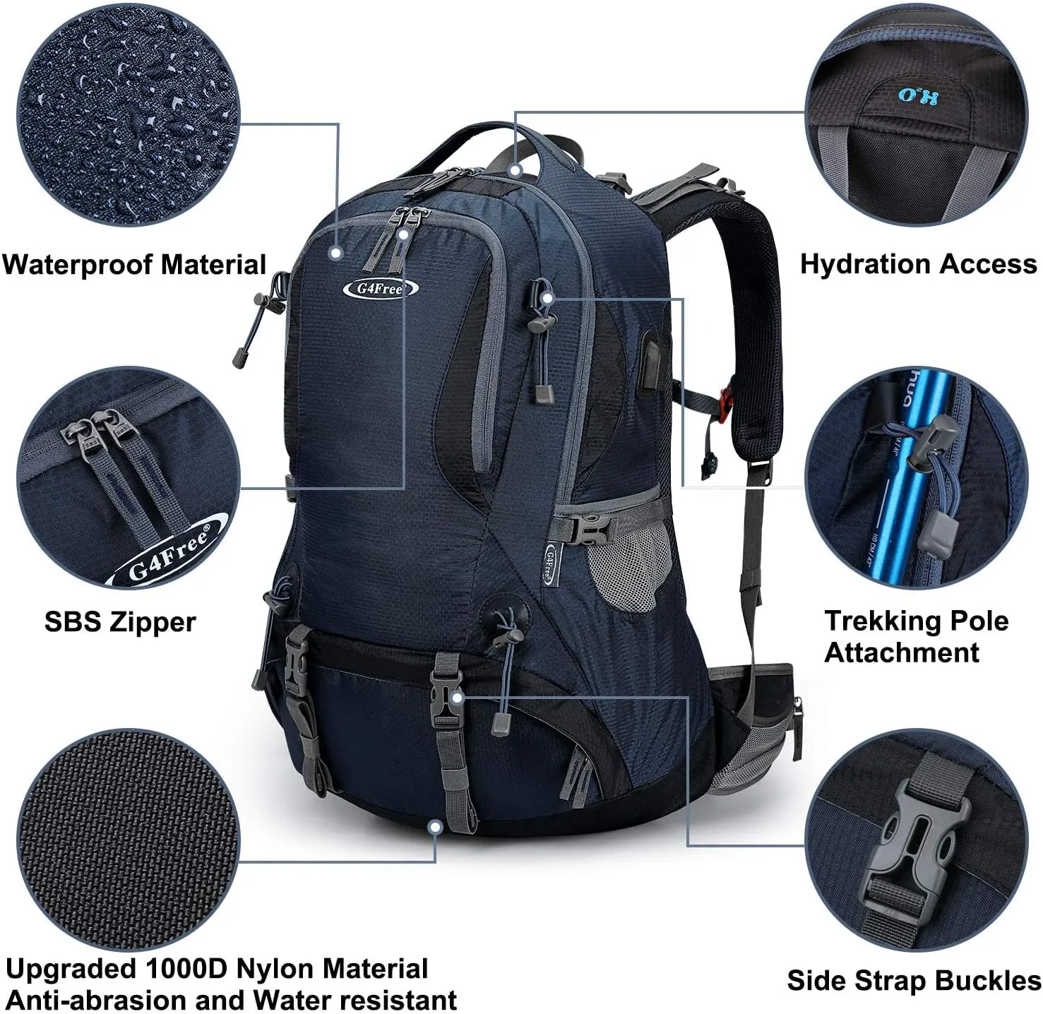G4Free 50L Hiking Backpack Waterproof Daypack Outdoor Camping Climbing Backpack with Rain Cover for Men Women(Dark Blue)