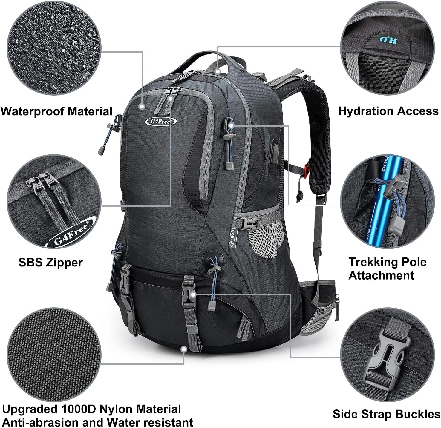 G4Free 50L Hiking Backpack Waterproof Daypack Outdoor Camping Climbing Backpack with Rain Cover for Men Women(Dark Grey)