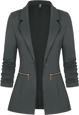 Genhoo Women's Long Sleeve Blazer Open Front Cardigan Jacket Work Office Blazer with Zipper Pockets S-3XL