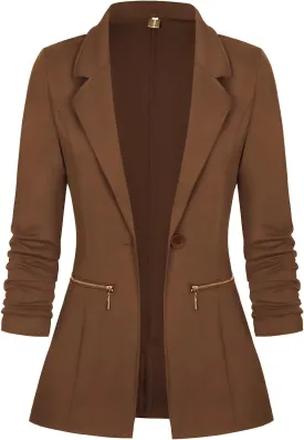 Genhoo Women's Long Sleeve Blazer Open Front Cardigan Jacket Work Office Blazer with Zipper Pockets S-3XL