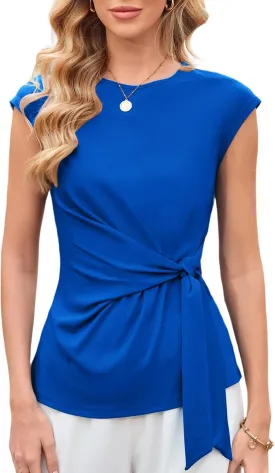 GRACE KARIN Womens Cap Sleeve Tops 2025 Summer Tie Waist Crew Neck Elegant Blouse Dressy Casual Work Business Shirts