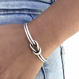 Handmade Sterling Knot Cuff Bracelet, Minimalist Rustic Simple two Silver Wires Reef Knot, Friendship Love Bracelet, 6.5" Adjustable Cuff, Gift for Her or Him