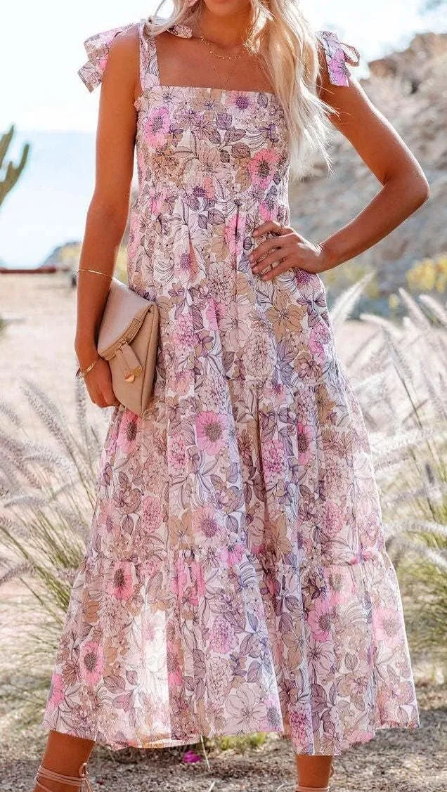 kinstell Women's Summer Boho Spaghetti Strap Square Neck Ruffle Casual Flowy Long Dress Beach Swing Party Maxi Dress
