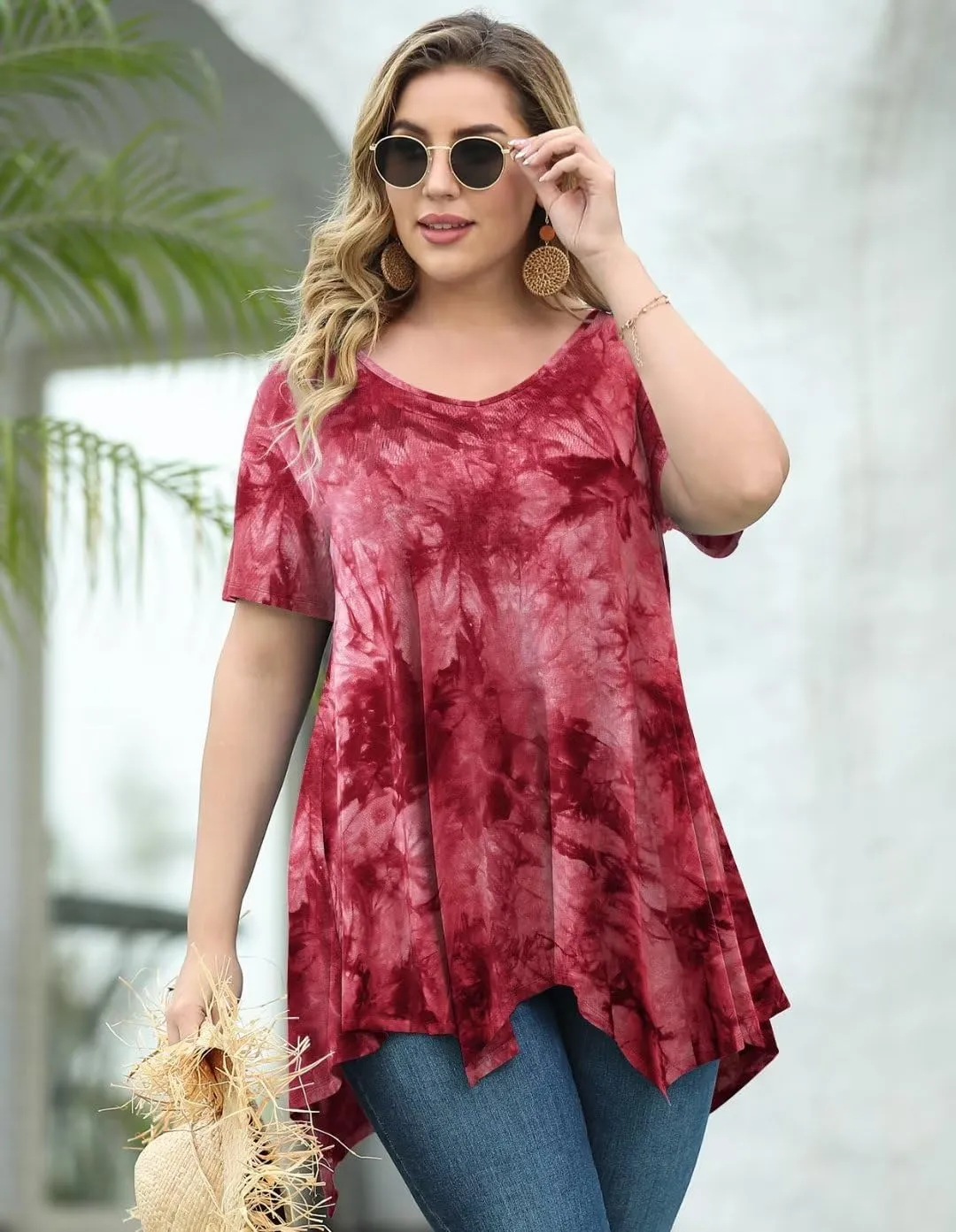 LARACE Plus Size Tops for Womens Summer Clothes Short Sleeve Shirts Casual V Neck Tunic Asymmetrical Blouses