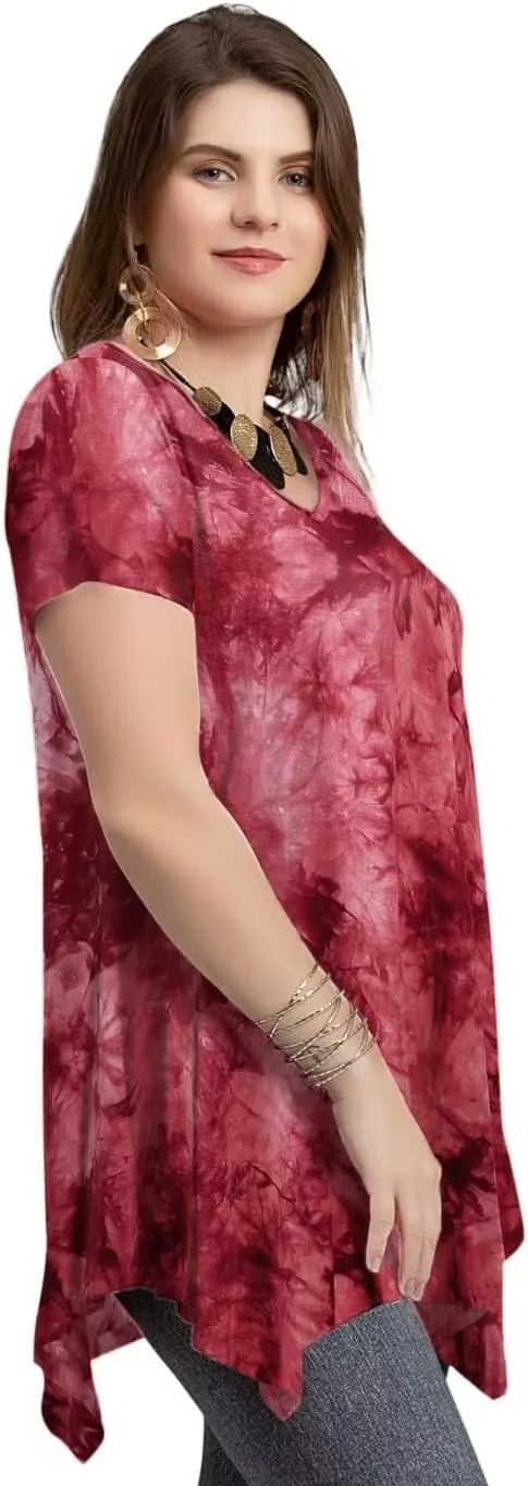 LARACE Plus Size Tops for Womens Summer Clothes Short Sleeve Shirts Casual V Neck Tunic Asymmetrical Blouses