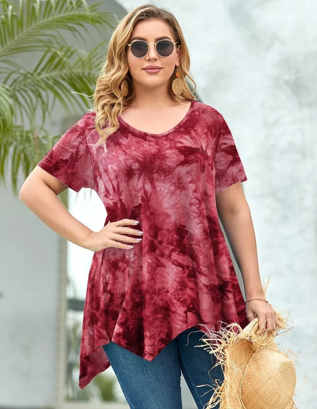 LARACE Plus Size Tops for Womens Summer Clothes Short Sleeve Shirts Casual V Neck Tunic Asymmetrical Blouses