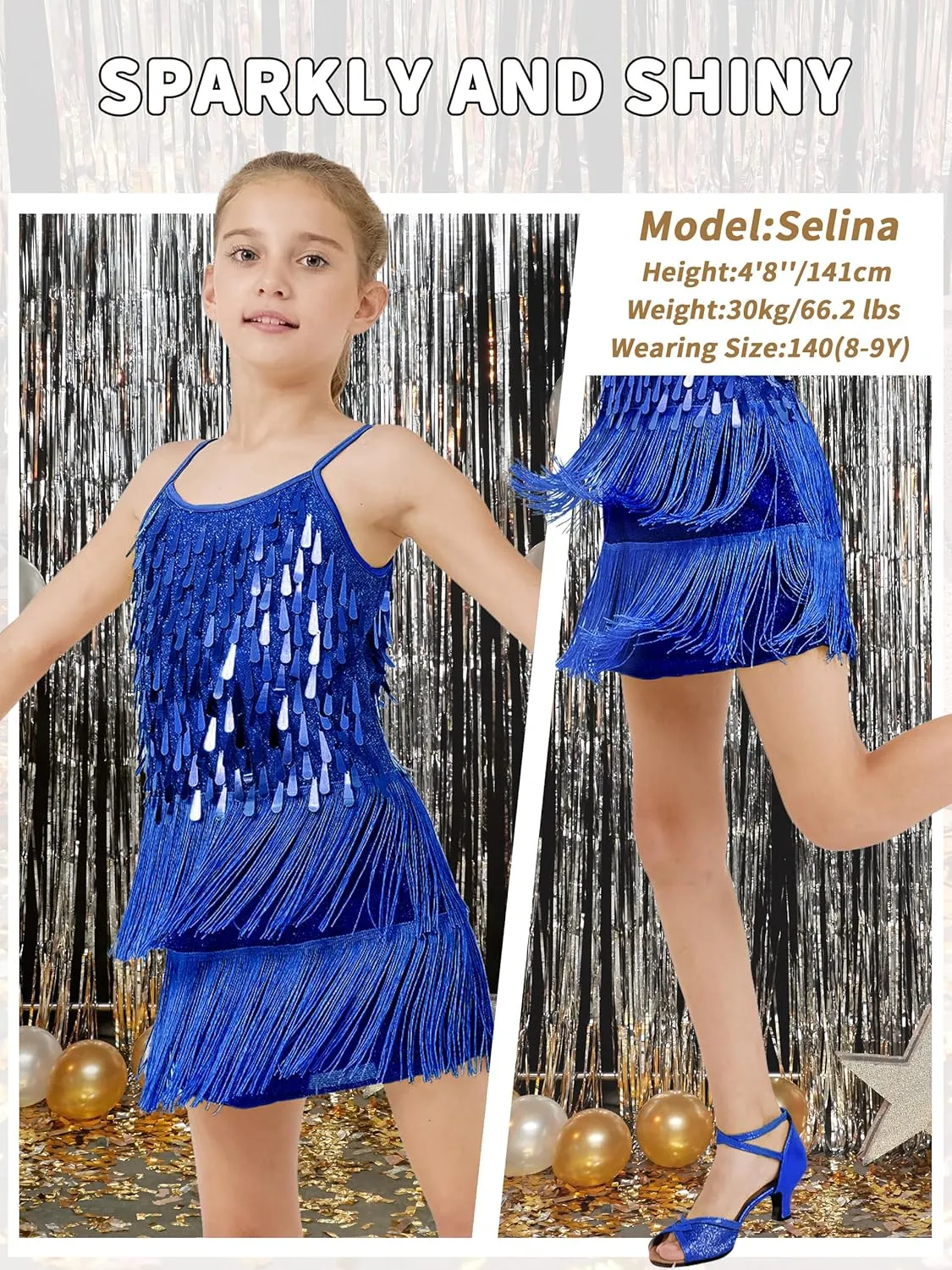 LOLANTA 2Pcs Girls Sequin Fringe Dress, Salsa Cha Cha Tassel Latin Dance Dress & Shorts, Adjustable Spaghetti Strap 5-13 Yrs