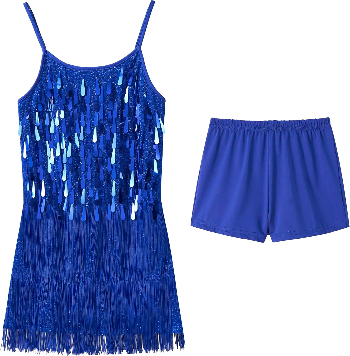 LOLANTA 2Pcs Girls Sequin Fringe Dress, Salsa Cha Cha Tassel Latin Dance Dress & Shorts, Adjustable Spaghetti Strap 5-13 Yrs