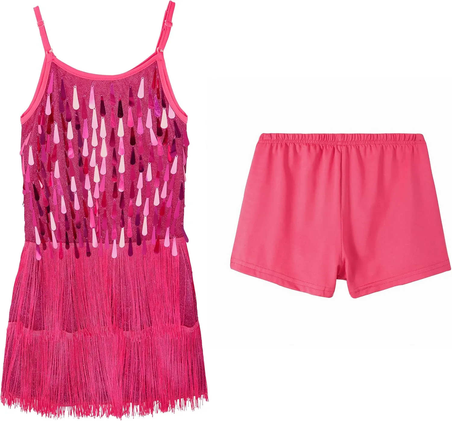 LOLANTA 2Pcs Girls Sequin Fringe Dress, Salsa Cha Cha Tassel Latin Dance Dress & Shorts, Adjustable Spaghetti Strap 5-13 Yrs