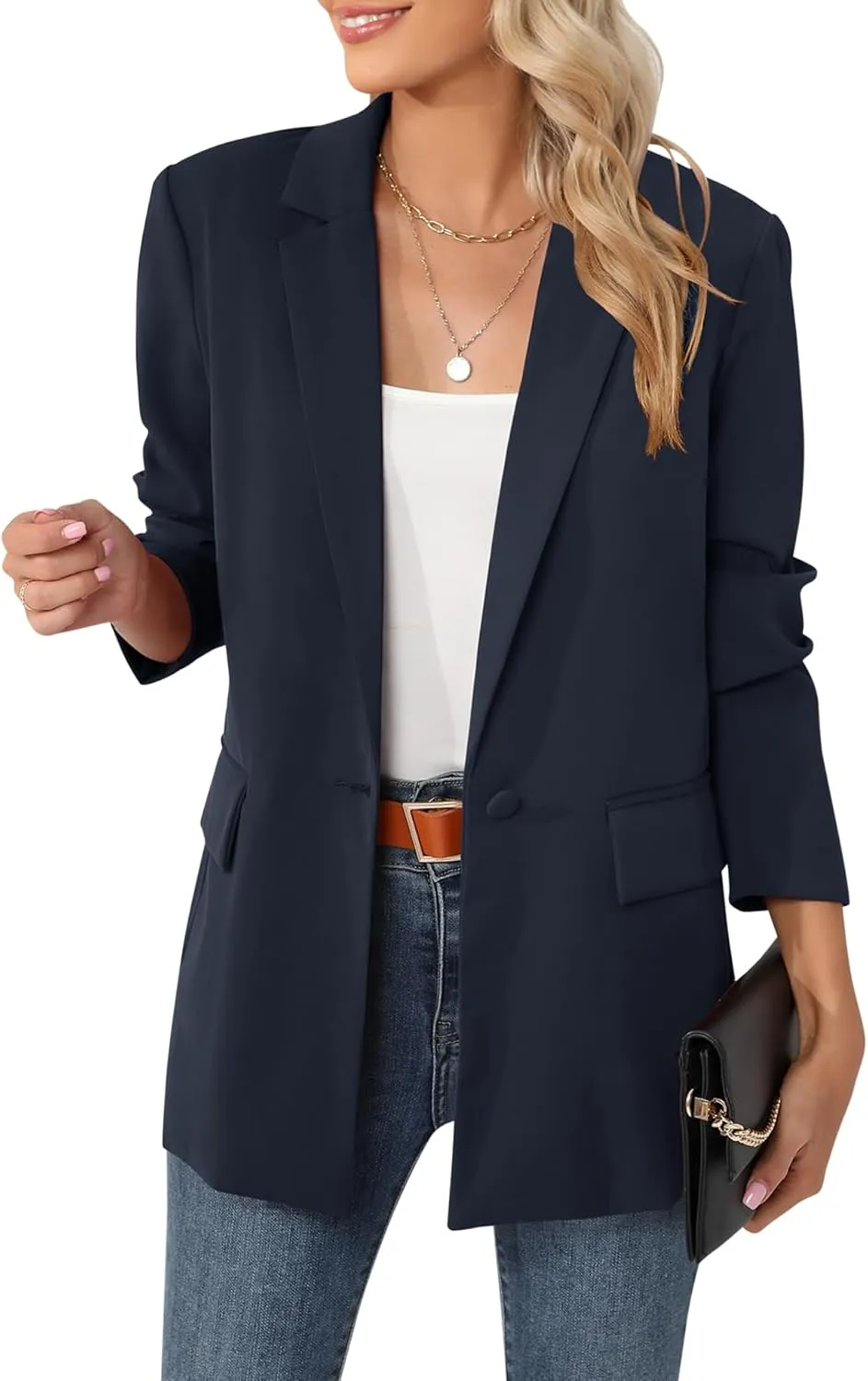LUYAA Womens Oversized Blazer Jacket Casual Work Office Open Front Suit Jacket with Linning and Shoulder Pads