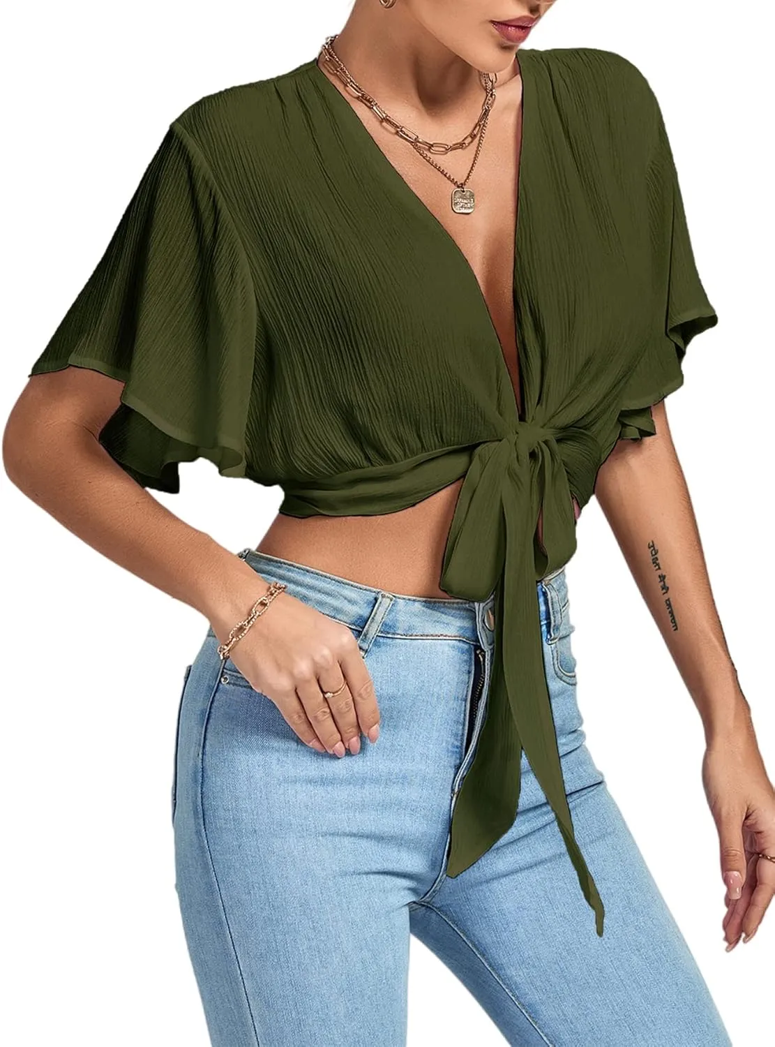 LYANER Women's Deep V Neck Tie Front Knot Wrap Ruffle Short Sleeeve Crop Top Blouse