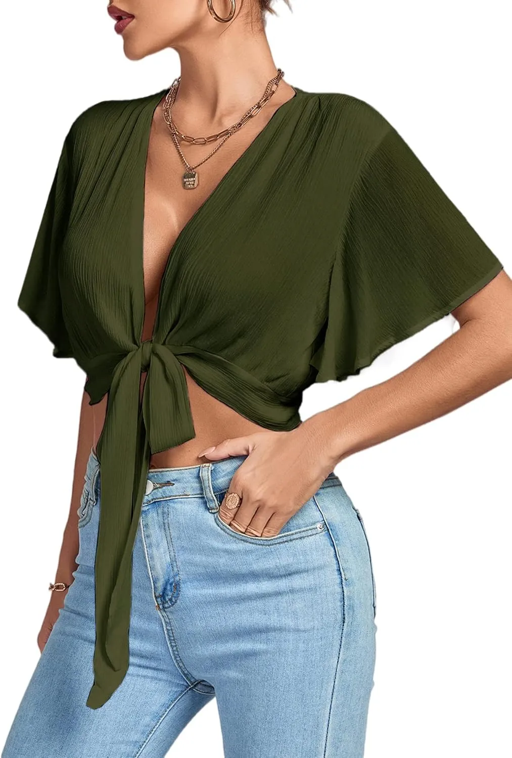 LYANER Women's Deep V Neck Tie Front Knot Wrap Ruffle Short Sleeeve Crop Top Blouse