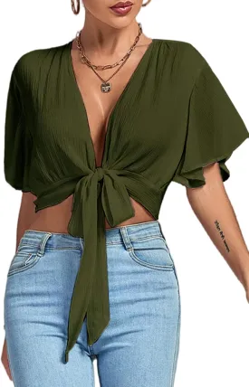 LYANER Women's Deep V Neck Tie Front Knot Wrap Ruffle Short Sleeeve Crop Top Blouse