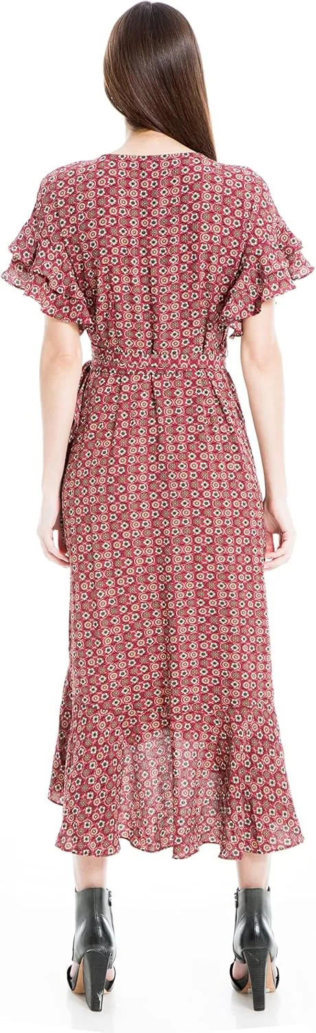 Max Studio Women's Ruffle Crepe High/Low Wrap Midi Dress