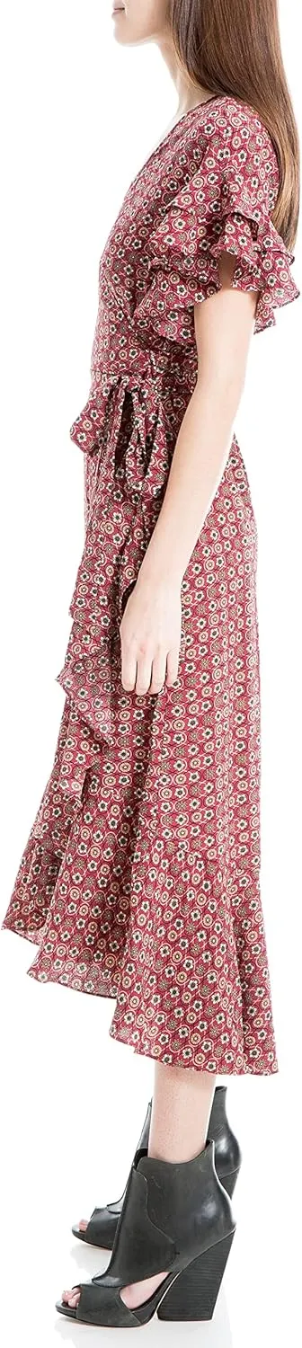 Max Studio Women's Ruffle Crepe High/Low Wrap Midi Dress