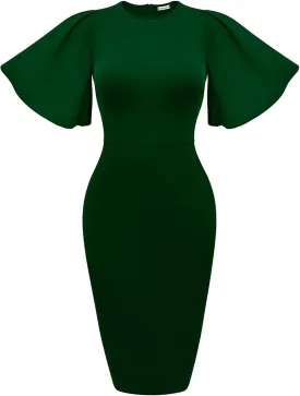 Memoriesea Women's Basic Bodycon Ruffle Flared Short Sleeve Pencil Midi Dress