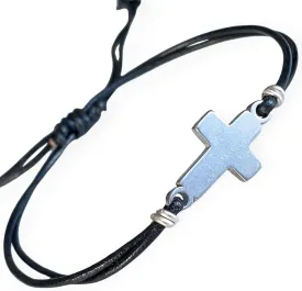 Mens Cross Bracelet Genuine Leather and Stainless Steel Sideways Cross Charm Adjustable Unisex Model