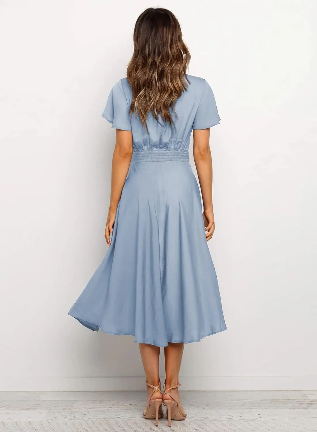miduo Womens Satin V Neck Ruffle Short Sleeve Tie Front High Waist Midi A-Line Maxi Dresses