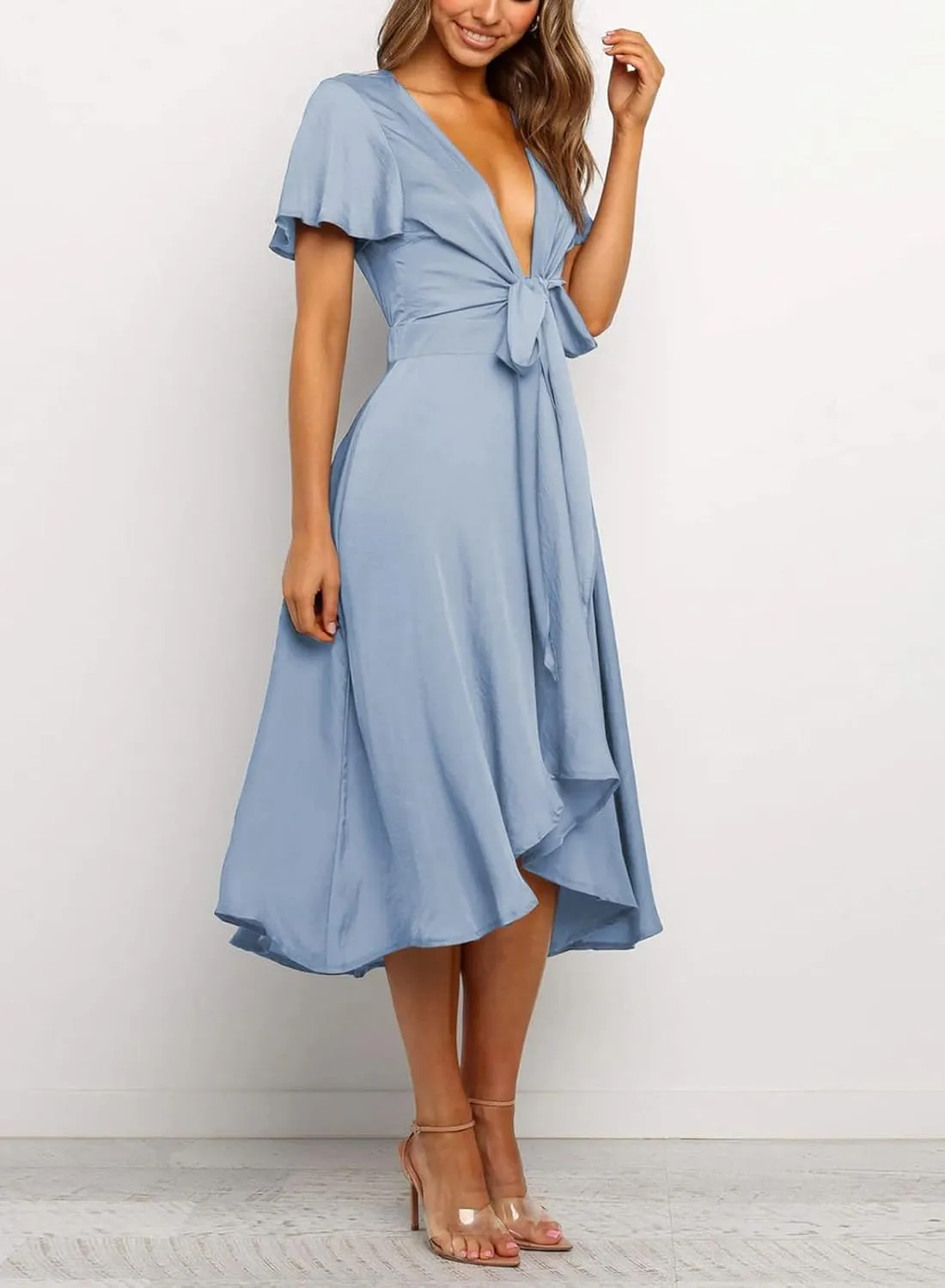 miduo Womens Satin V Neck Ruffle Short Sleeve Tie Front High Waist Midi A-Line Maxi Dresses