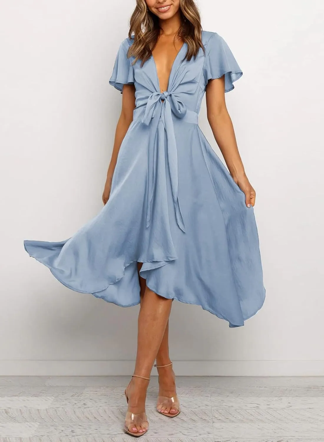 miduo Womens Satin V Neck Ruffle Short Sleeve Tie Front High Waist Midi A-Line Maxi Dresses