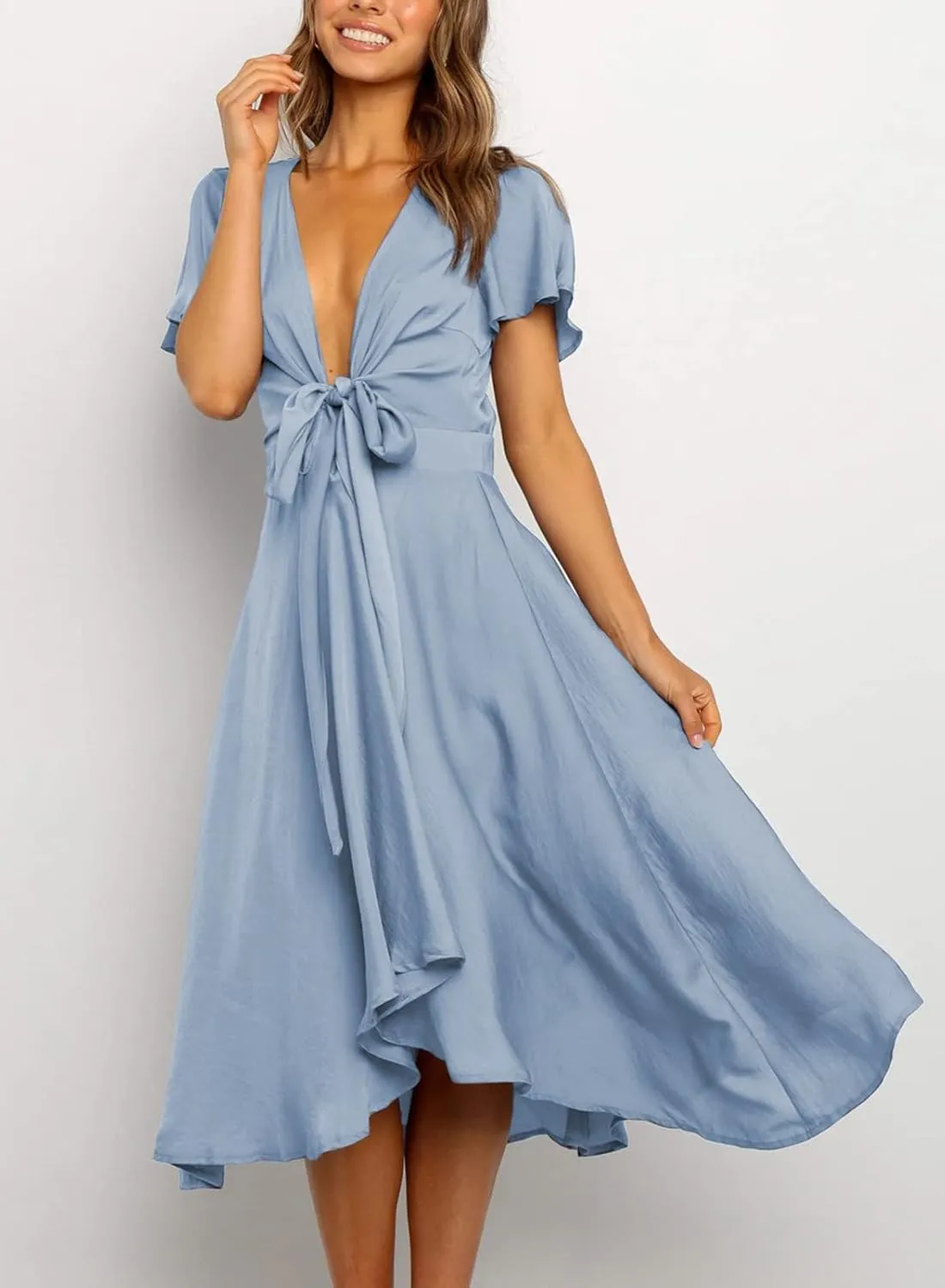 miduo Womens Satin V Neck Ruffle Short Sleeve Tie Front High Waist Midi A-Line Maxi Dresses