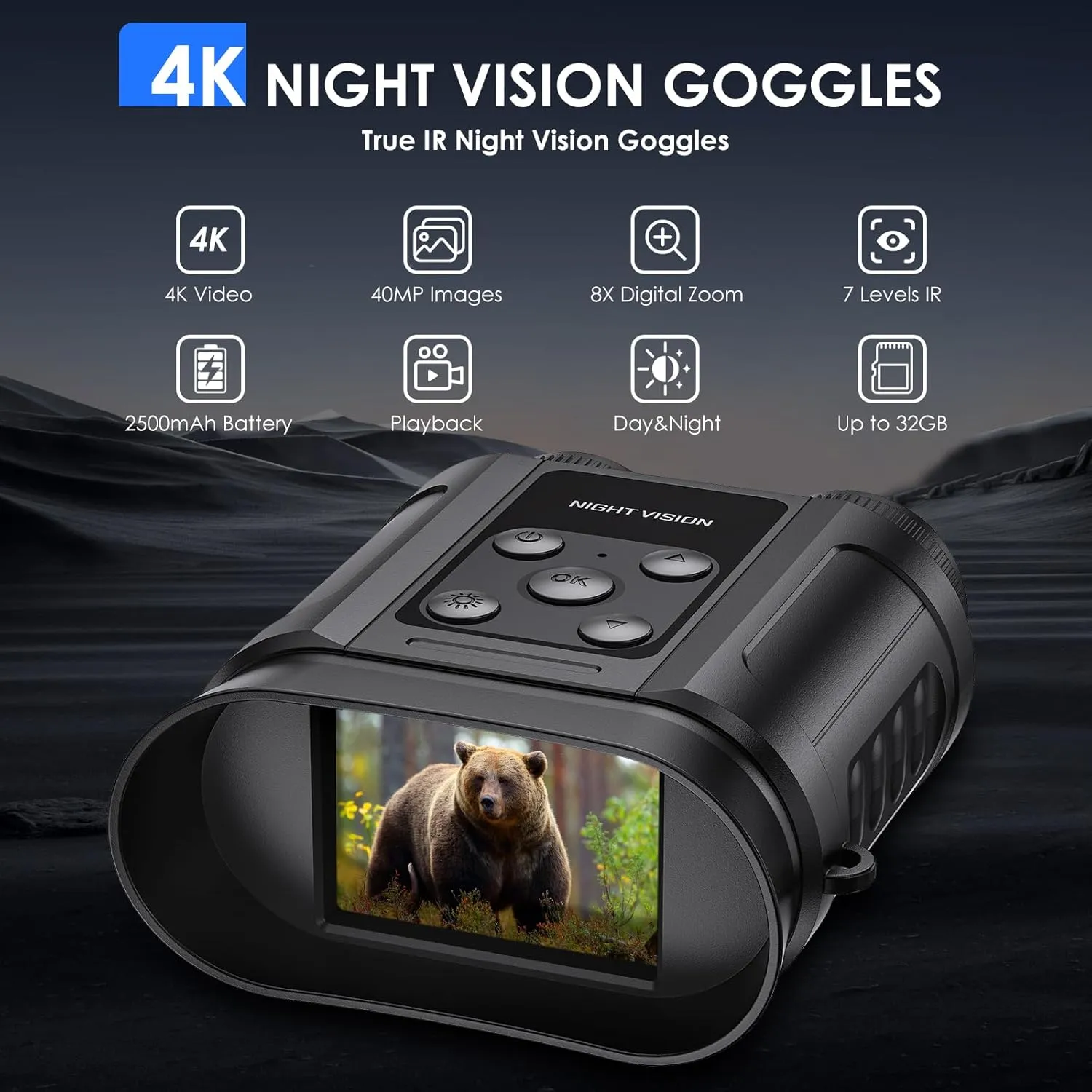 Night Vision Goggles,Compact Night Vision Binoculars, 8X Digital Zoom,32GB Card, Supports Photo/Video Capture,Ideal for Camping, Hiking,Education, Wildlife Watching,Gifts for Men (Black)
