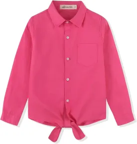 Noomelfish Girls Long Sleeve Button Down Shirt Tie Front Blouse Tops (5-12 Years)