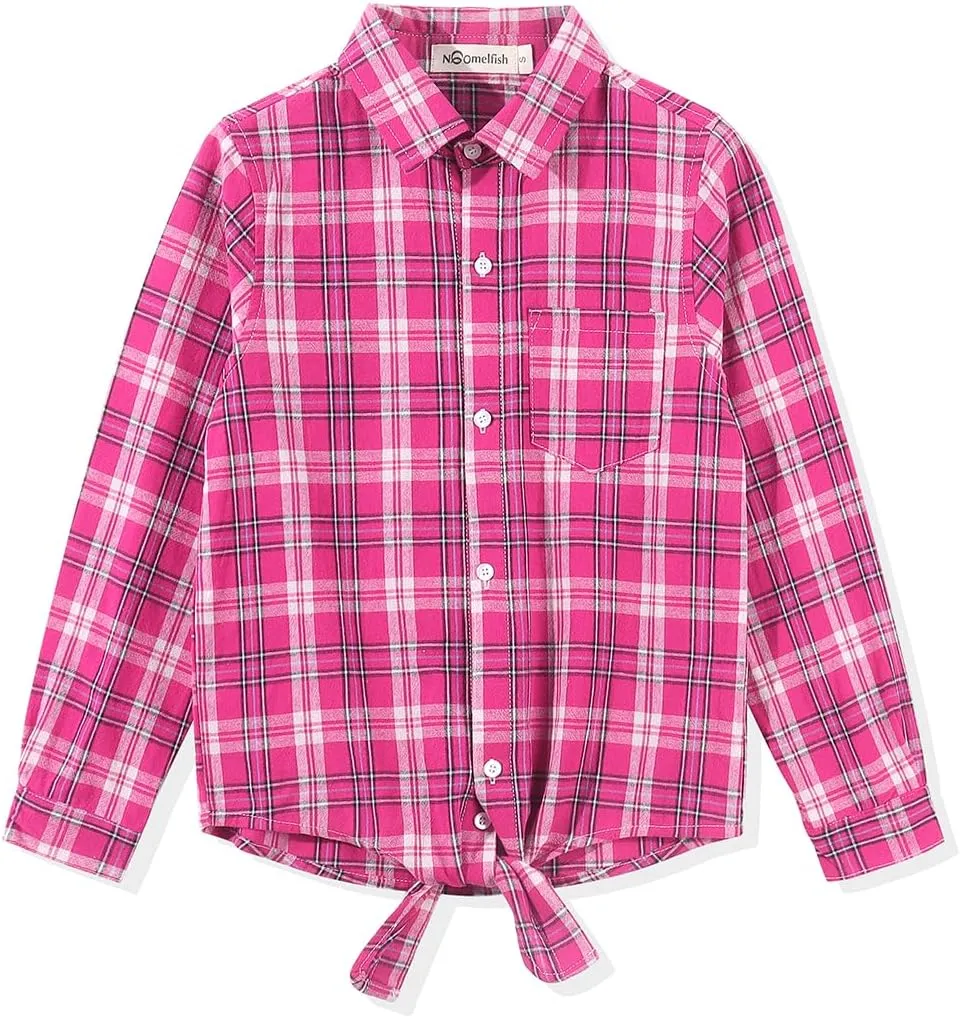 Noomelfish Girls Long Sleeve Button Down Shirt Tie Front Blouse Tops (5-12 Years)