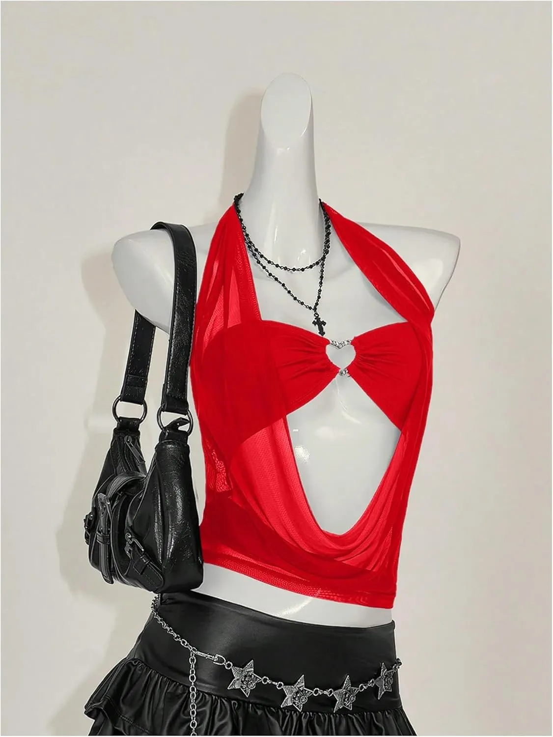 OYOANGLE Women's Heart Ring Linked Sleeveless Halter Mesh Top Y2K Cowl Neck Ruched Crop Tops Clubwear