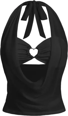 OYOANGLE Women's Heart Ring Linked Sleeveless Halter Mesh Top Y2K Cowl Neck Ruched Crop Tops Clubwear