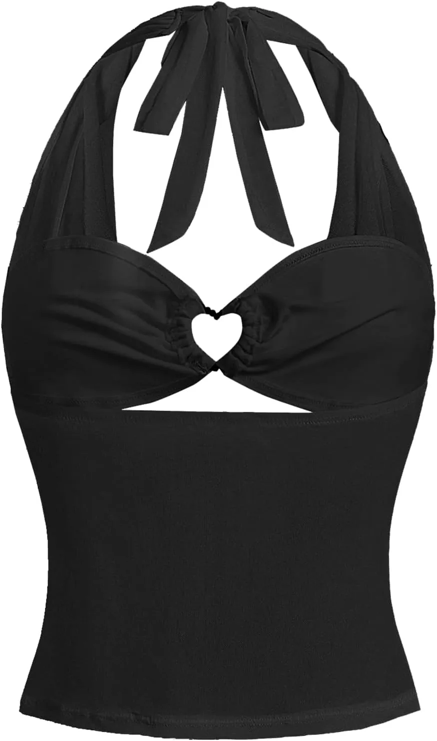 OYOANGLE Women's Heart Ring Linked Sleeveless Halter Mesh Top Y2K Cowl Neck Ruched Crop Tops Clubwear