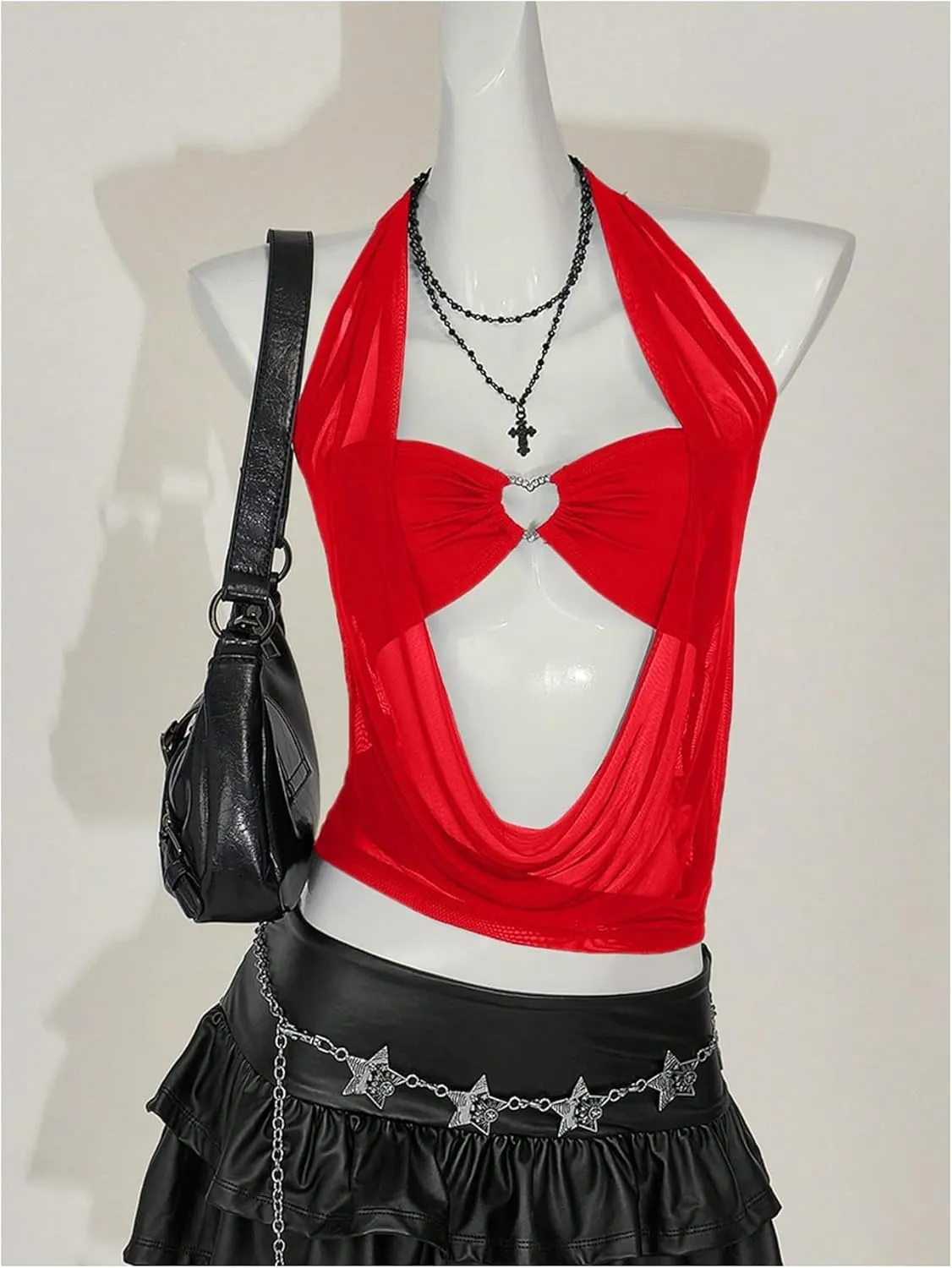 OYOANGLE Women's Heart Ring Linked Sleeveless Halter Mesh Top Y2K Cowl Neck Ruched Crop Tops Clubwear