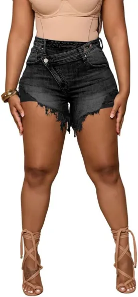 PINSV Women's High Waisted Crossover Denim Shorts