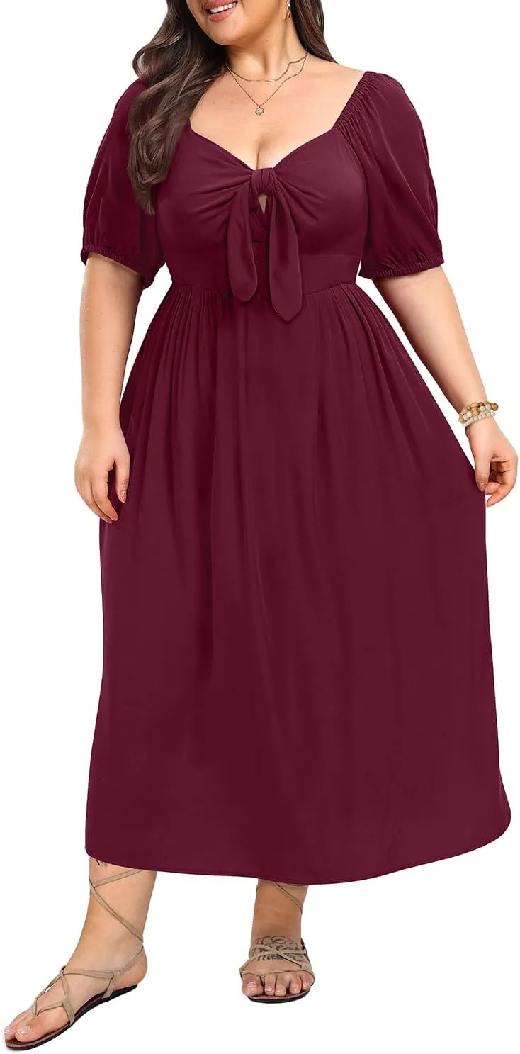 Pinup Fashion Women 2024 Plus Size Summer Casual Maxi Dress Tie Front Short Sleeve Beach Long Dresses