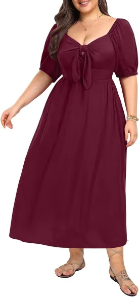 Pinup Fashion Women 2024 Plus Size Summer Casual Maxi Dress Tie Front Short Sleeve Beach Long Dresses