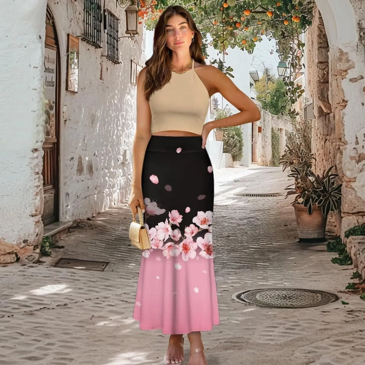 POLERO Floral Skirts for Women Zipper High Waisted Casual Long Skirt Elegant Work Office Outfits