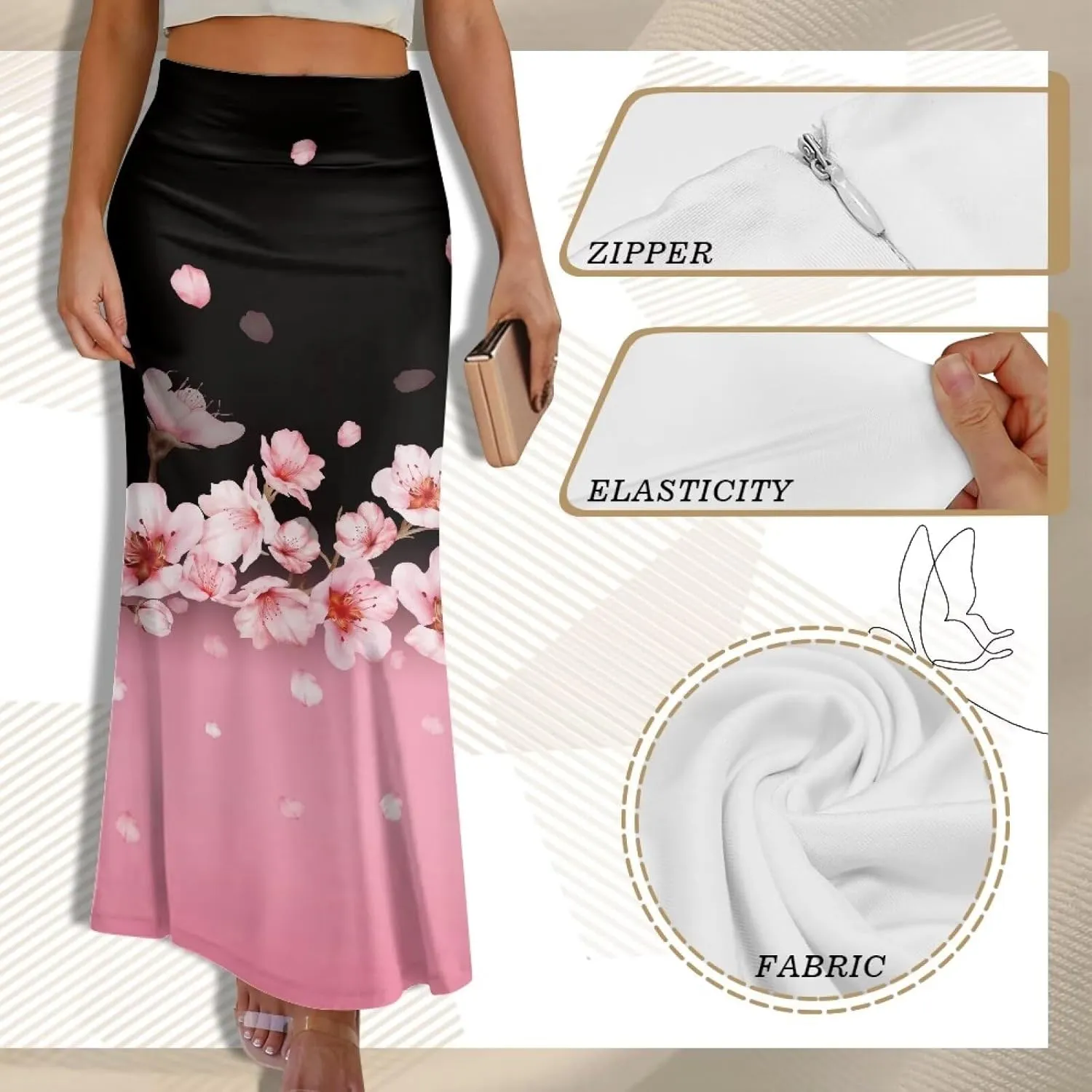 POLERO Floral Skirts for Women Zipper High Waisted Casual Long Skirt Elegant Work Office Outfits