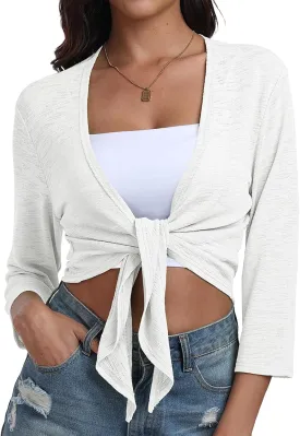 PrinStory Women's Tie Front Shrug 3/4 Sleeve Bolero Cardigan Lightweight Summer Casual Short Shawl Top