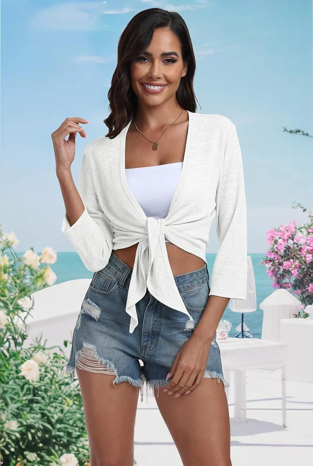 PrinStory Women's Tie Front Shrug 3/4 Sleeve Bolero Cardigan Lightweight Summer Casual Short Shawl Top