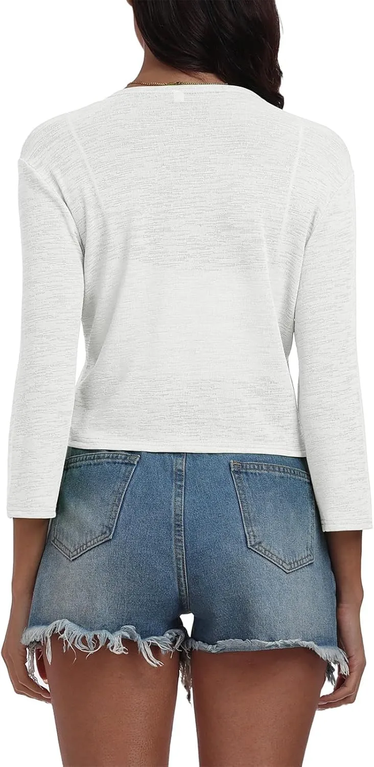 PrinStory Women's Tie Front Shrug 3/4 Sleeve Bolero Cardigan Lightweight Summer Casual Short Shawl Top