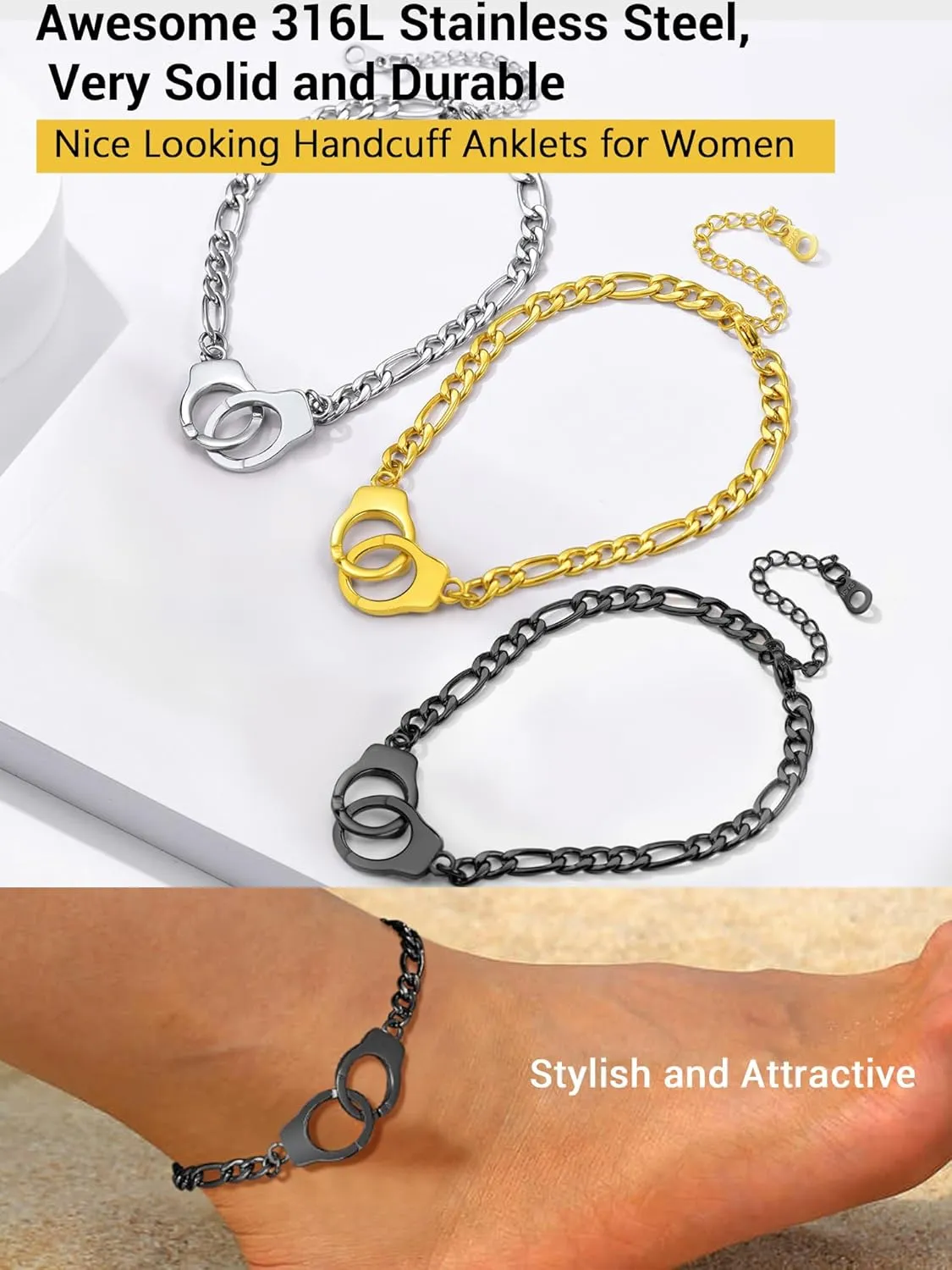 PROSTEEL Trendy Handcuffs Design/Customize Words Ankle Bracelet For Women, 316L Stainless Steel Anklets Silver/Gold/Black Tone, Hypoallergenic, Come with Box