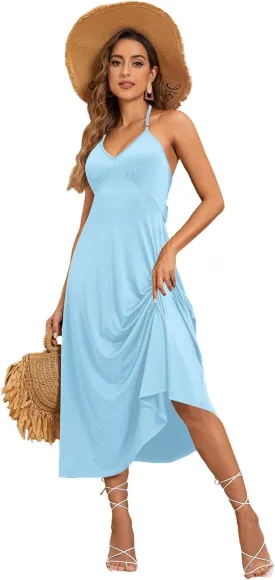 SOLY HUX Women's Halter V Neck Tie Backless Cami Dress Sleeveless Long Dresses